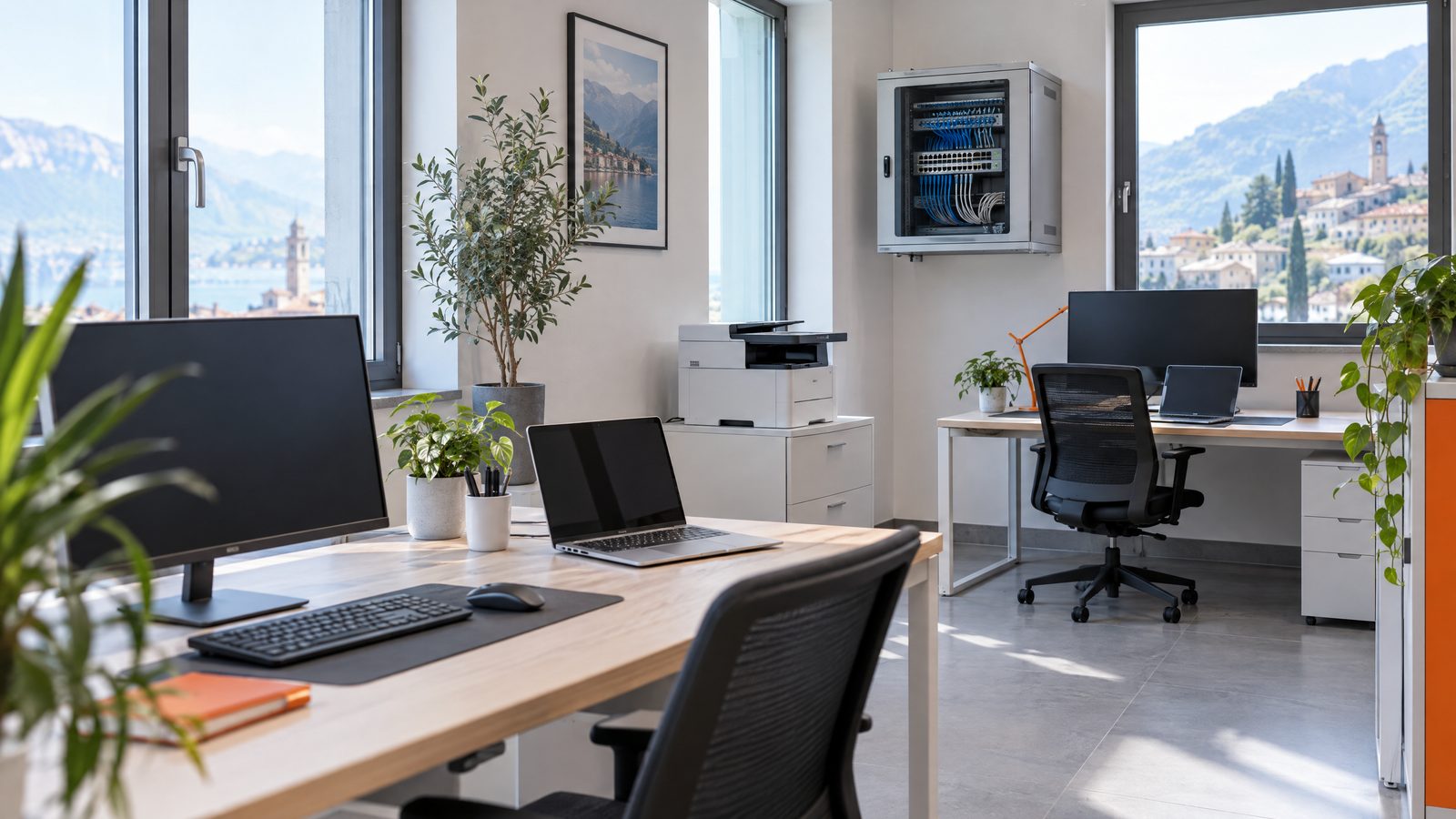 Ufficio moderno con postazioni di lavoro e armadio di rete
