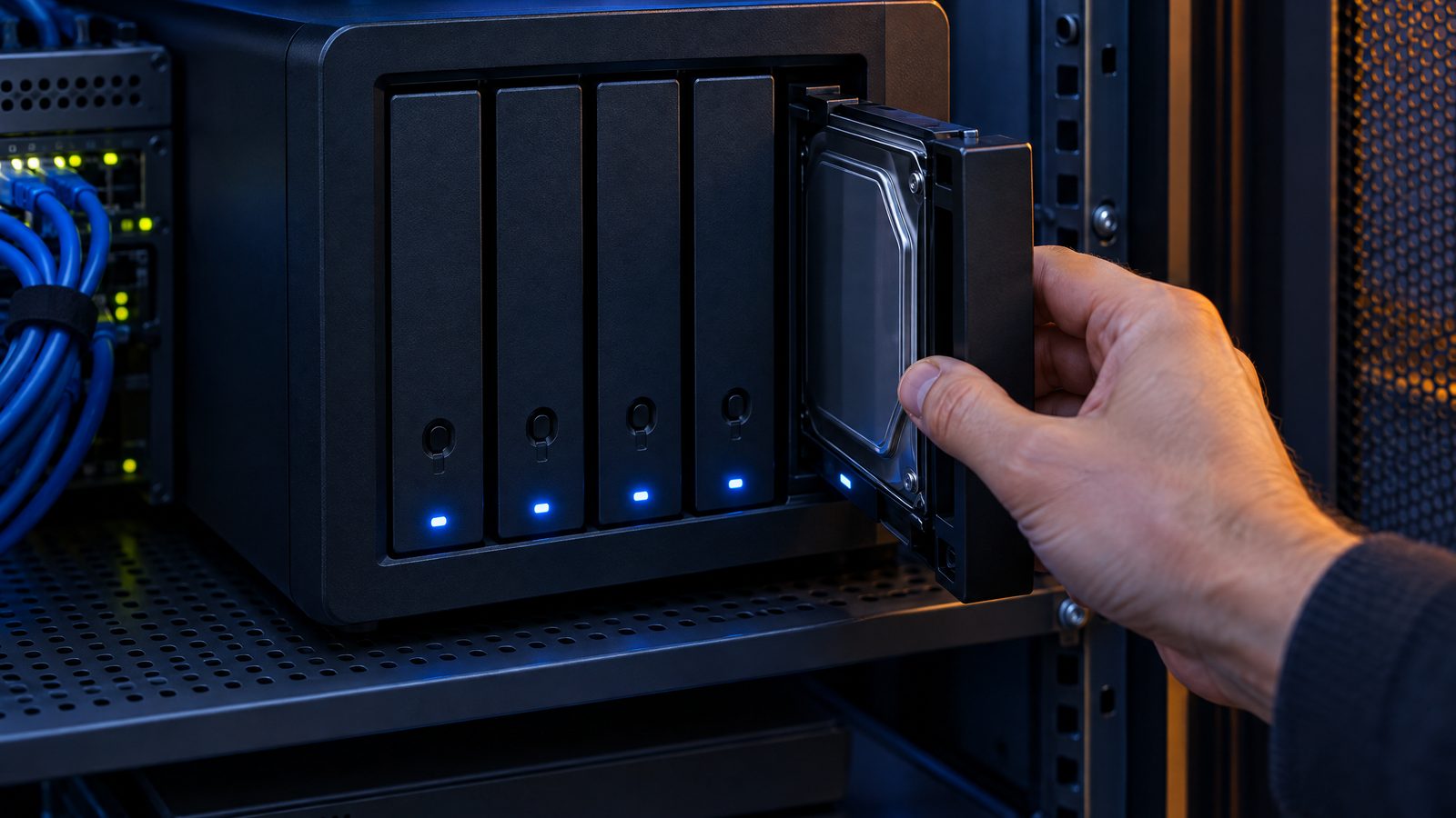 Unità di backup di rete con dischi in un armadio rack