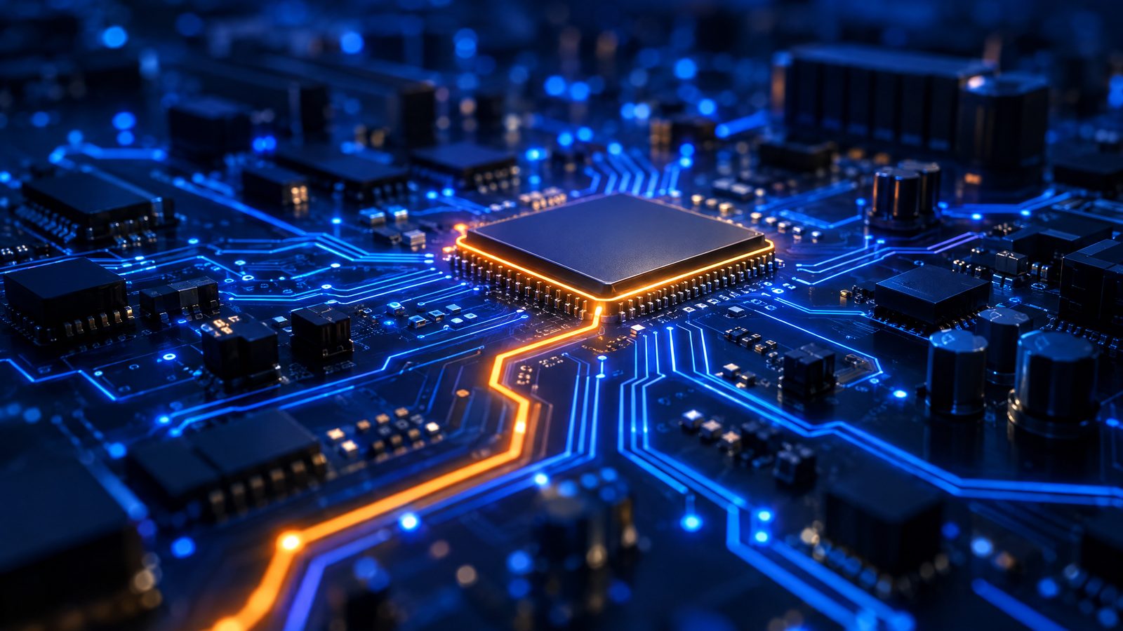 Illustrazione di una scheda elettronica con circuiti luminosi